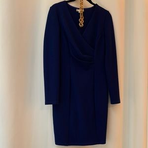 Blue Body Con Faux Wrap V Neck Dress
